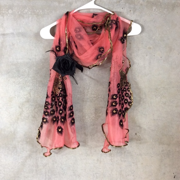 🎀 PEACOCK EMBROIDERED SCARF LONG WRAP BOHO CHIC PRETTY PINK VINTAGE DESIGNER - Picture 4 of 8